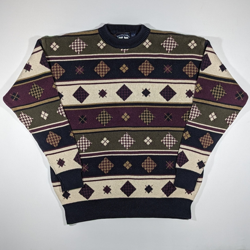 Vintage Woods & Gray Sweater Mens Medium Heavy Pullover Argyle Burgundy Blue